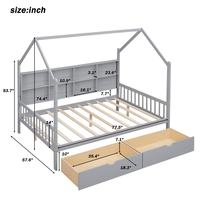 Wooden Full Size House Bed with 2 Drawers,Kids Bed withStorage Shelf, Gray