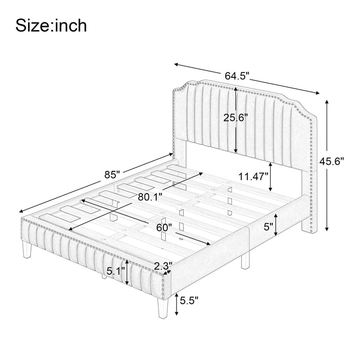 Modern Velvet Curved Upholstered Platform Bed , Solid Wood Frame , Nailhead Trim, Green(Queen)