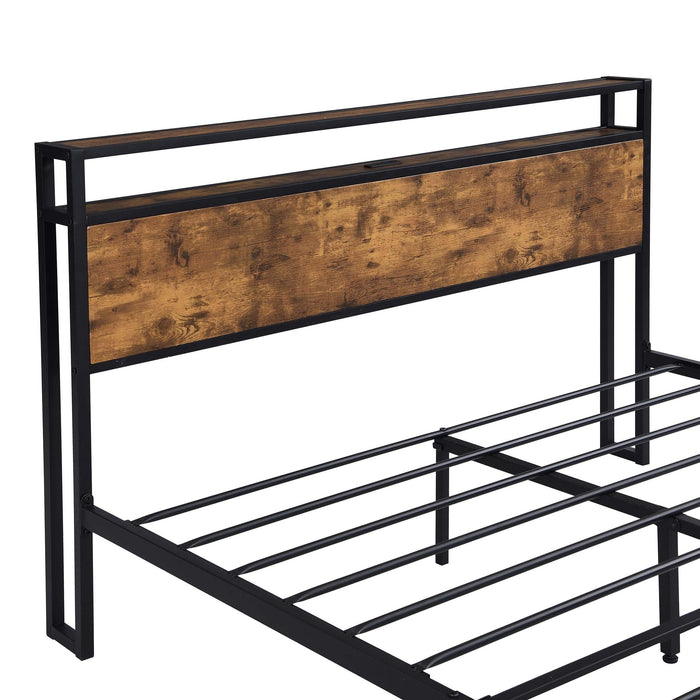 Industrial Queen Bed Frame with LED Lights and 2 USB Ports, Bed Frame Queen Size withStorage, Noise Free, No Box Spring Needed, Rustic Brown