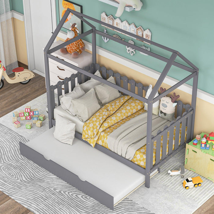 Twin Size House Bed with Trundle, Fence-shaped Guardrail, Gray(New)