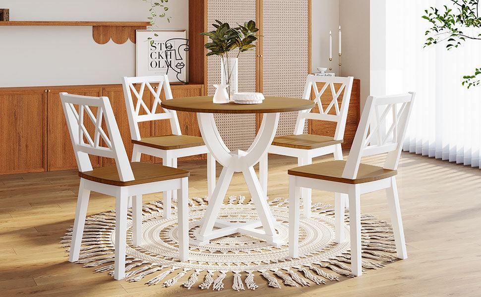 Mid-Century 5-Piece Round Dining Table Set with Trestle Legs and 4 Cross Back Dining Chairs, Antique Oak+White