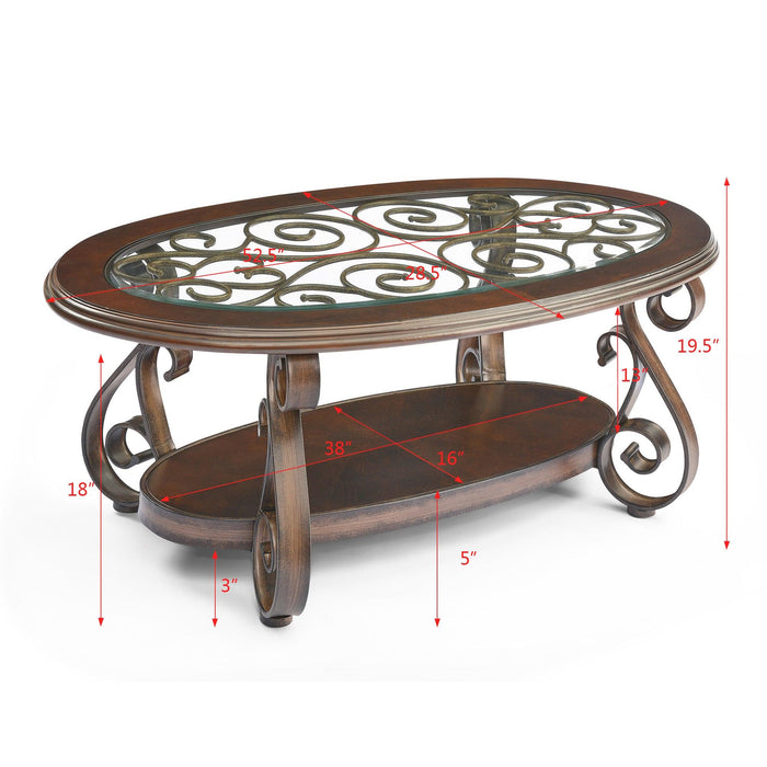 Coffee Table with Glass Table Top and Powder Coat Finish Metal Legs，Dark Brown （52.5"X28.5"X19.5")