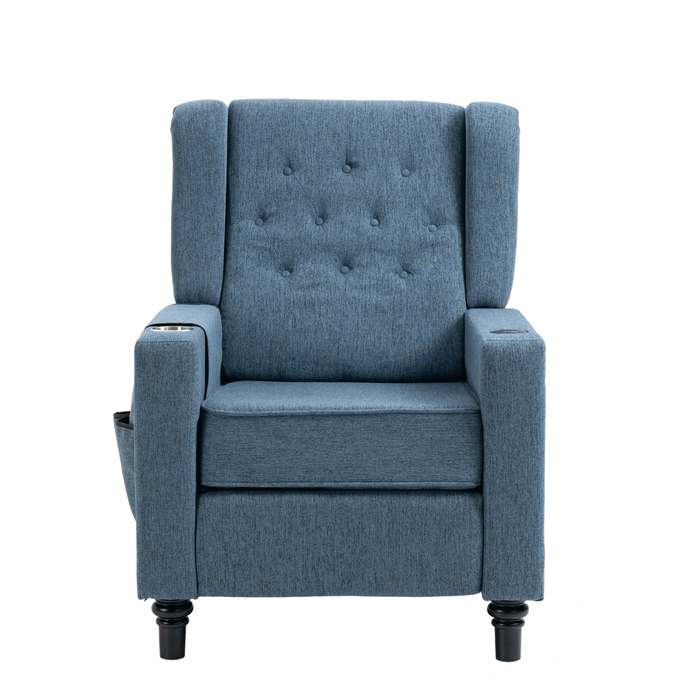 Arm Pushing Recliner Chair,Modern Button Tufted Wingback Push Back Recliner Chair, Living Room Chair Fabric Pushback Manual Single Reclining Sofa Home Theater Seating for Bedroom,Navy Blue