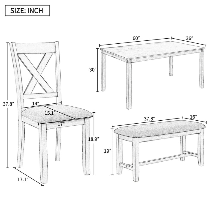 6-Piece Kitchen Dining Table Set Wooden Rectangular Dining Table, 4 Fabric Chairs and Bench Family Furniture (Gray)