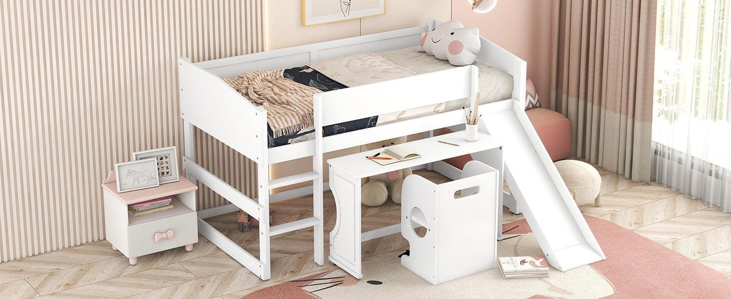 Low Study Twin Loft Bed with Rolling Portable Desk and Chair,Multiple Functions Bed- White