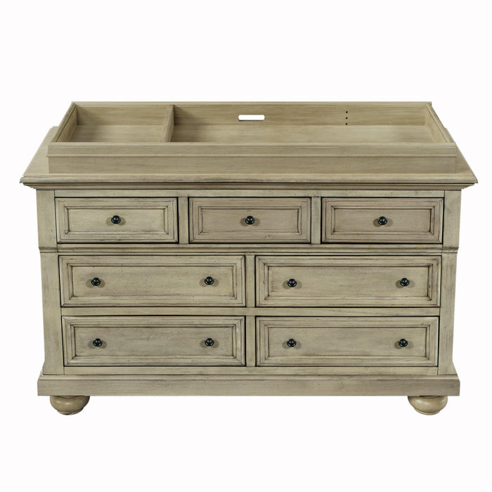 Solid Wood Seven-Drawer Dresser with Changing Topper for Nursery, Kid’s Room, Bedroom, Stone Gray