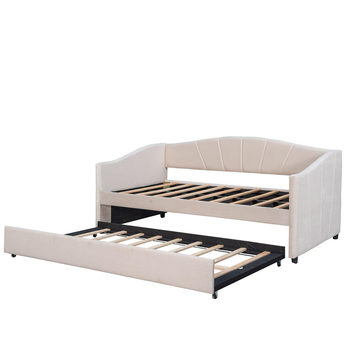 Upholstered Daybed Sofa Bed Twin Size With Trundle Bed and Wood Slat ,Beige