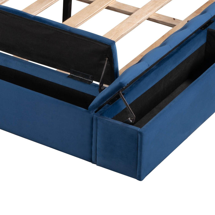 Queen Size Upholstery Low ProfileStorage Platform Bed withStorage Space on both Sides and Footboard,Blue