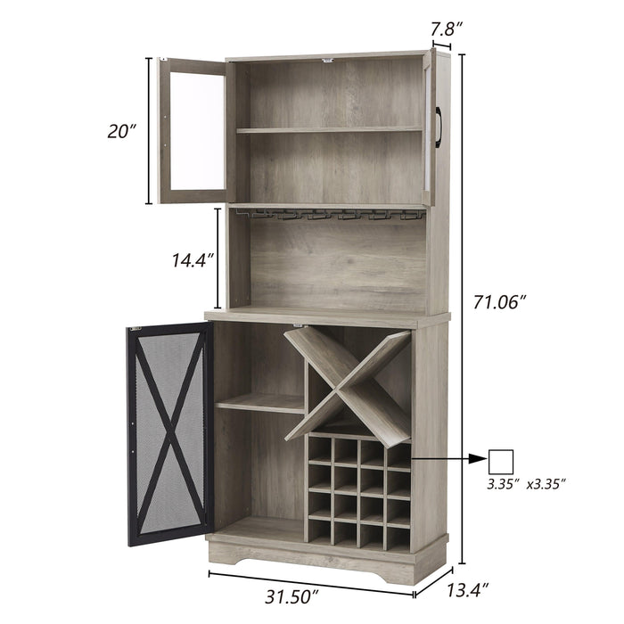 Farmhouse Wine Cabinet , Large Capacity Kitchen SideboardStorage Cabinet With Wine Rack And Glass Holder, Adjustable Shelf And 16 Square Compartments (Gray, 31.50" W*13.4" D*71.06"H)