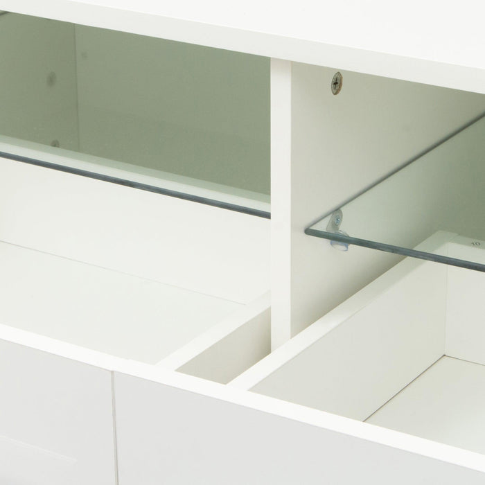 White TV cabinet has two drawers with dual end color-changing LED light strip