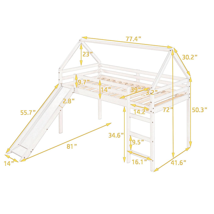 Twin Size Loft Bed with Slide, House Bed with Slide,White