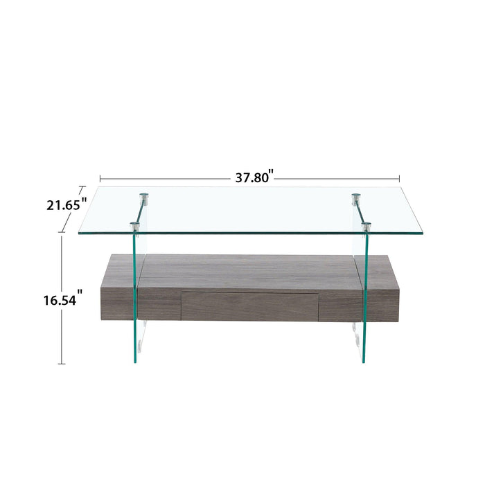 37.8" Tempered Glass Coffee table with Dual Shelves and MDF Drawer, Tea Table for living roon, bedroom，transparent/gray