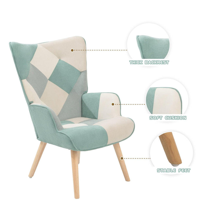 Accent Chair with Ottoman, Living Room Chair and Ottoman Set, Comfy Side Armchair for Bedroom, Creative Splicing Cloth Surface, Blue