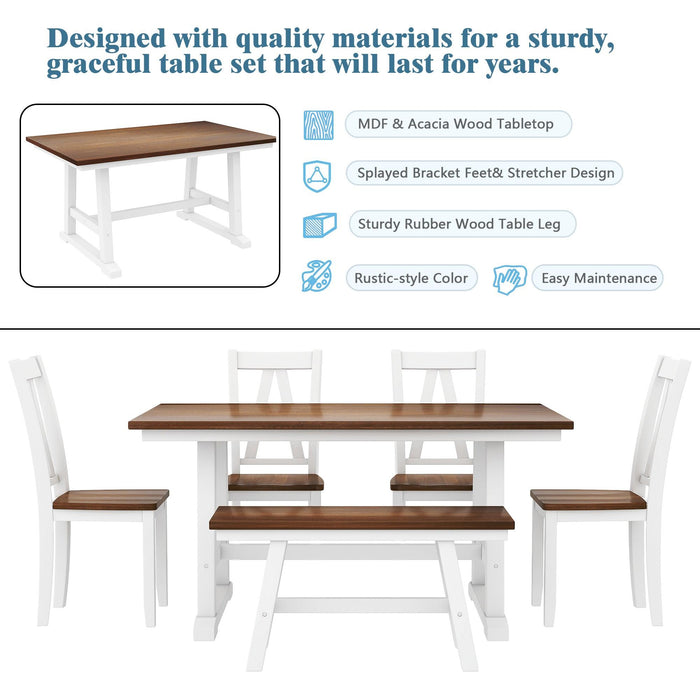 6-Piece Wood Dining Table Set Kitchen Table Set with Long Bench and 4 Dining Chairs, Farmhouse Style, Walnut+White