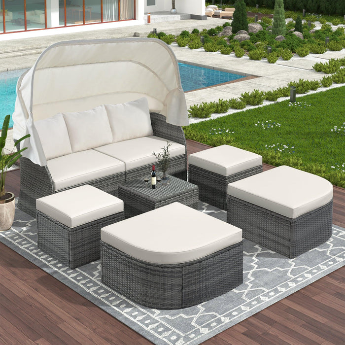 Outdoor Patio Furniture Set Daybed Sunbed with Retractable Canopy and Beige Cushions