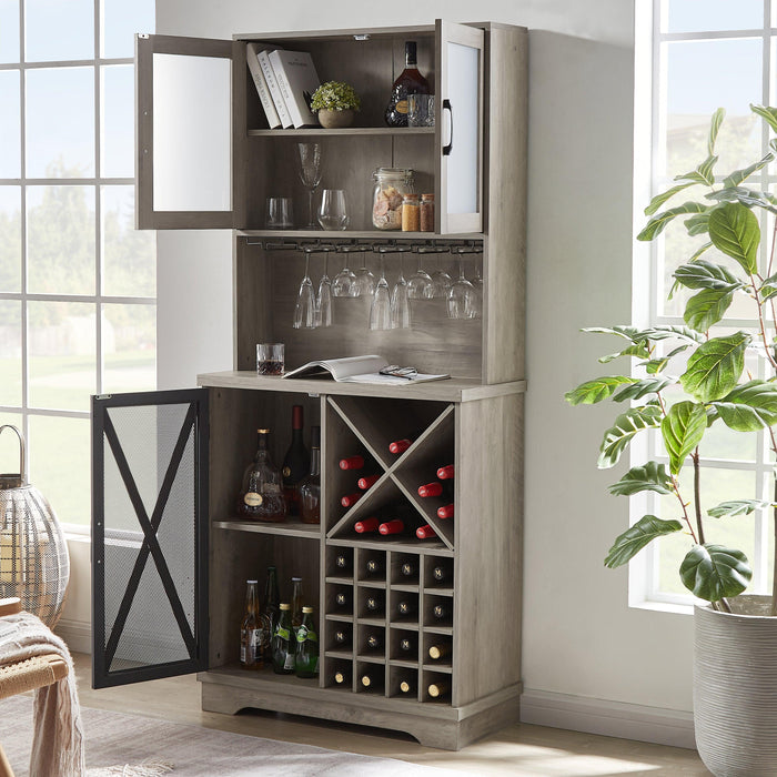 Farmhouse Wine Cabinet , Large Capacity Kitchen SideboardStorage Cabinet With Wine Rack And Glass Holder, Adjustable Shelf And 16 Square Compartments (Gray, 31.50" W*13.4" D*71.06"H)