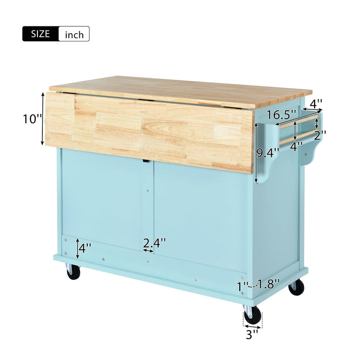 Kitchen Cart with Rubber wood Drop-Leaf Countertop, Concealed sliding barn door adjustable height,Kitchen Island on 4 Wheels withStorage Cabinet and 2 Drawers,L52.2xW30.5xH36.6 inch, Mint Green