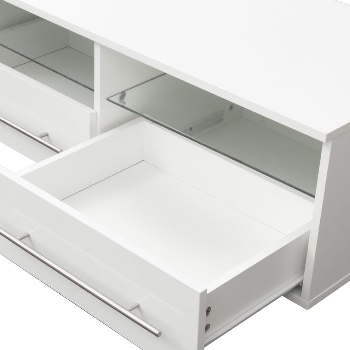 White TV cabinet has two drawers with dual end color-changing LED light strip