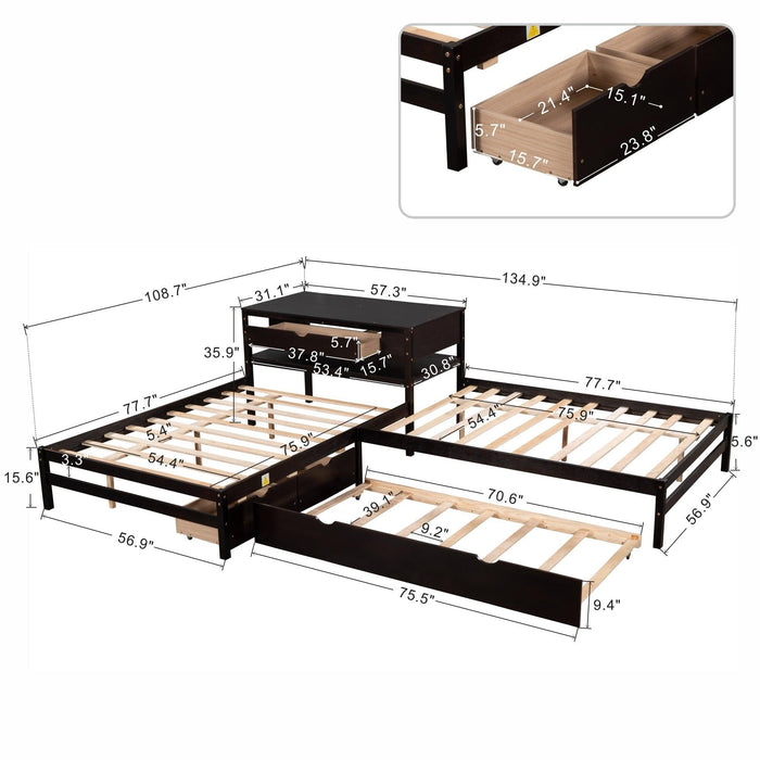 Full Size L-shaped Platform Beds with Twin Size Trundle and Drawers Linked with Built-in Rectangle Table,Espresso