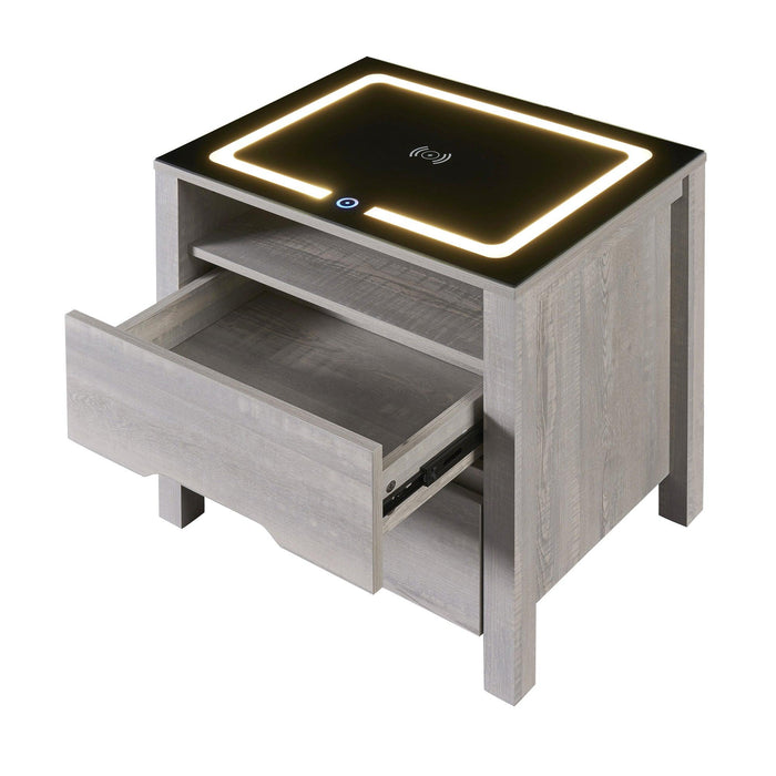 MultifunctionalStorage Nightstand with 2 Drawers and an open shelf, Wireless Charging with adjustable LED, Brown