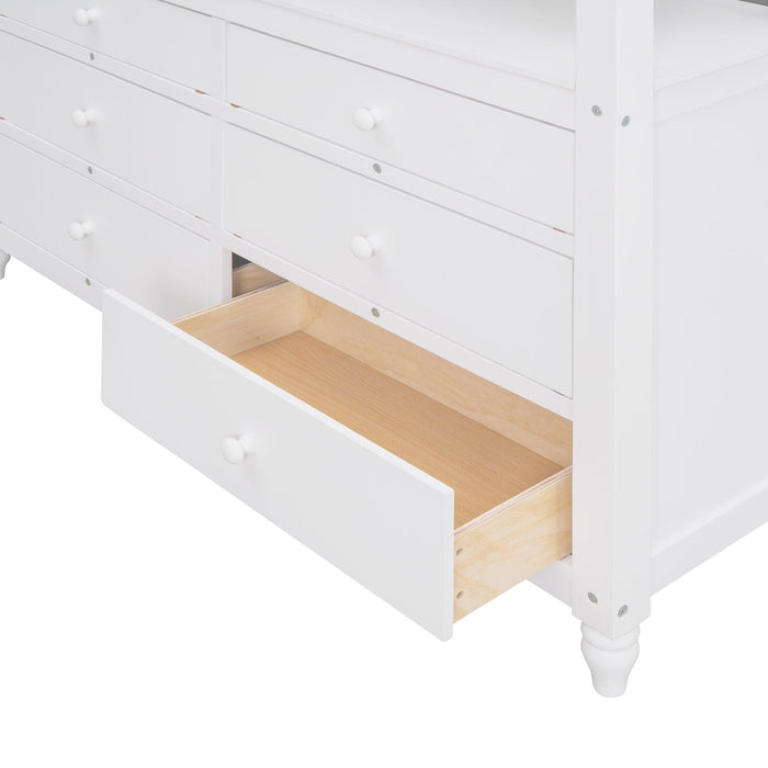 Full size Loft Bed with Drawers and Desk, Wooden Loft Bed with Shelves - White