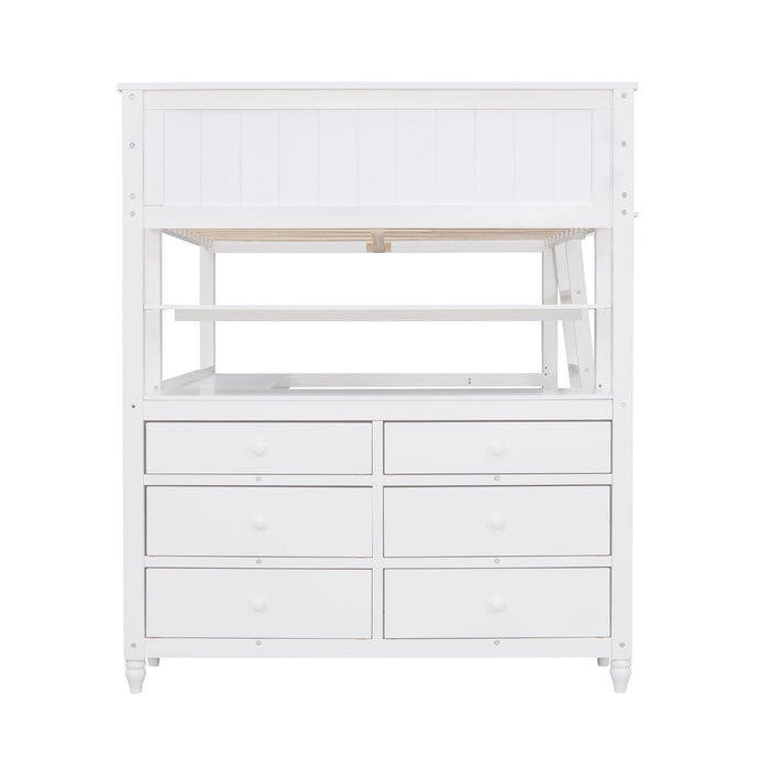 Full size Loft Bed with Drawers and Desk, Wooden Loft Bed with Shelves - White