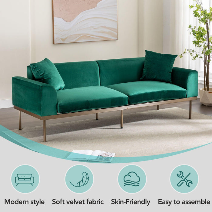 Modern Velvet Sofa with Metal Legs,Loveseat Sofa Couch with Two Pillows for Living Room and Bedroom, Green