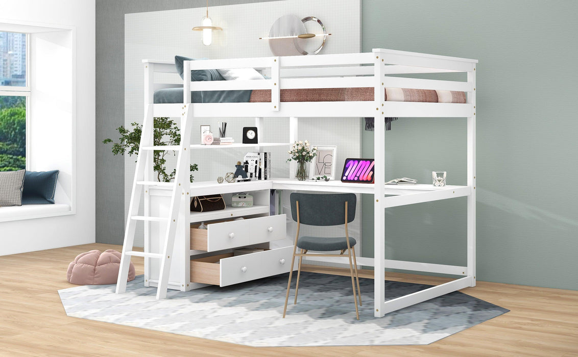 Full Size Loft Bed with Desk and Shelves,Two Built-in Drawers,White