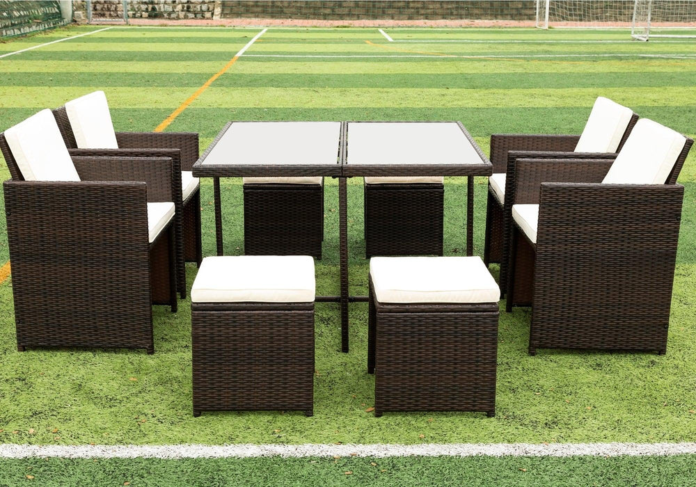 9 PCS Outdoor Patio Wicker Rattan Space Saving Dining Set with Ottoman and Cushions