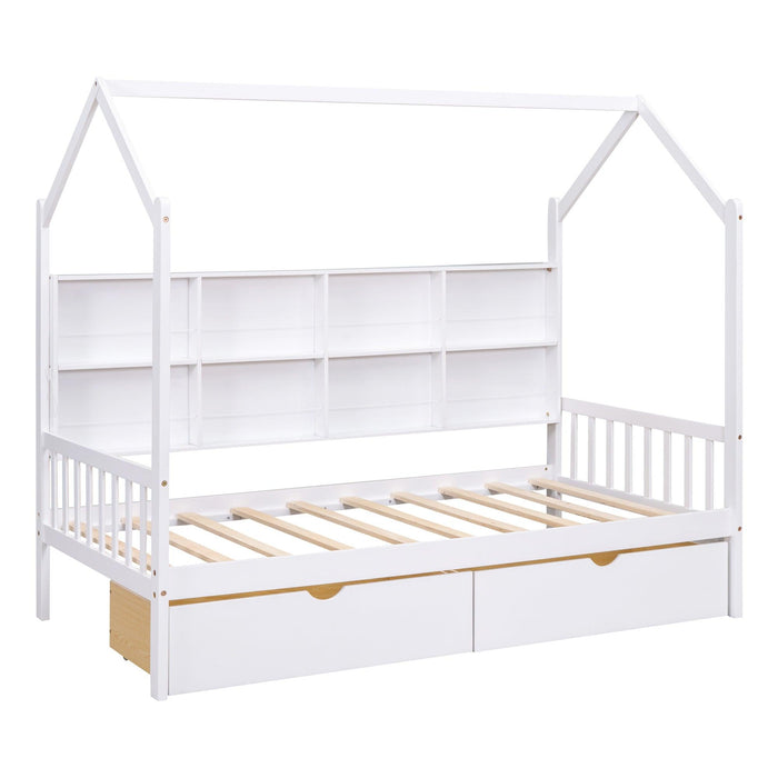 Wooden Twin Size House Bed with 2 Drawers,Kids Bed withStorage Shelf, White