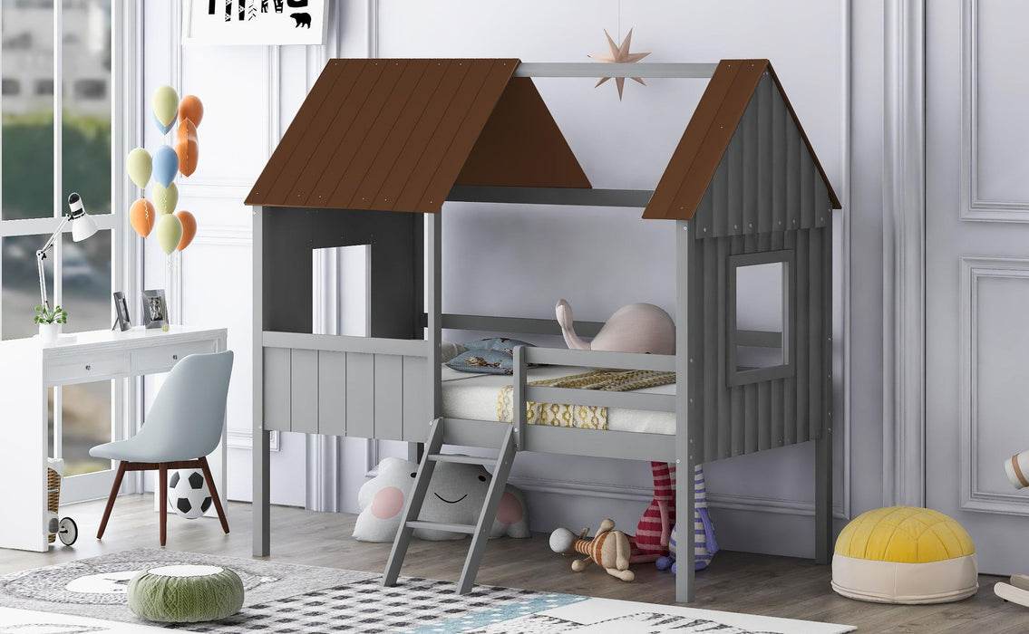 Twin Size Low Loft Wood House Bed with Two Side Windows  (Gray +Brown)