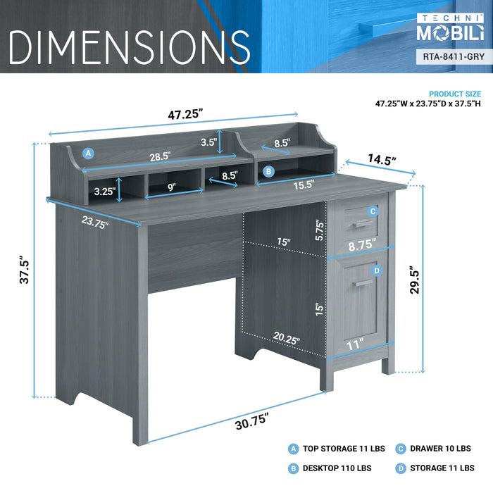 Techni Mobili Classic Office Desk withStorage, Grey