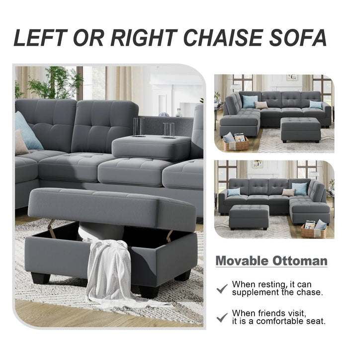 Sectional Sofa with Reversible Chaise Lounge, L-Shaped Couch withStorage Ottoman and Cup Holders