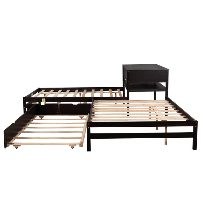 Full Size L-shaped Platform Beds with Twin Size Trundle and Drawers Linked with Built-in Rectangle Table,Espresso