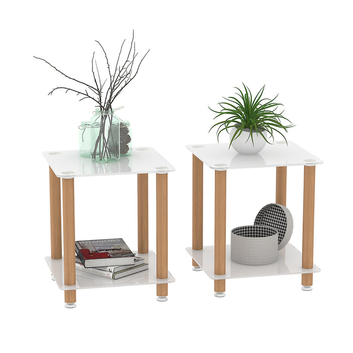 2-Piece White+Oak Side Table , 2-Tier Space End Table ,Modern Night Stand, Sofa table, Side Table withStorage Shelve