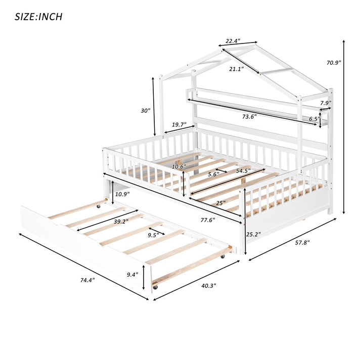 Wooden Full Size House Bed with Twin Size Trundle,Kids Bed with Shelf, White