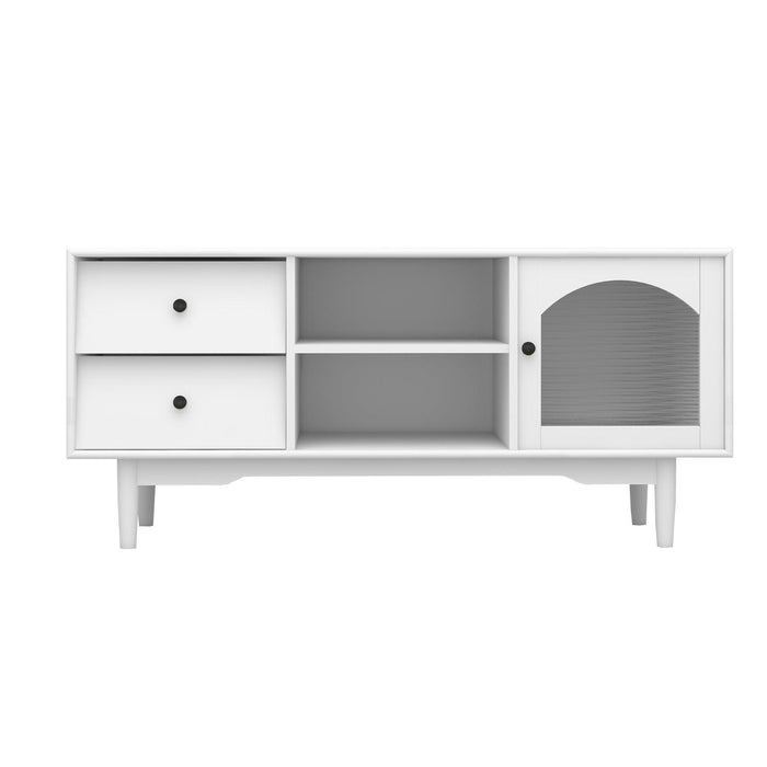 Living Room White TV Stand with Drawers and Open Shelves, A Cabinet with Glass Doors forStorage