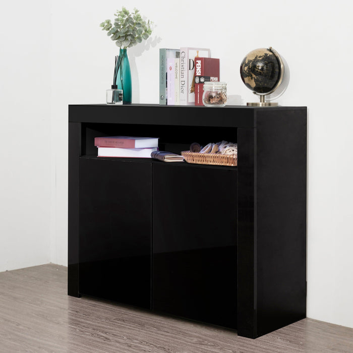 Living Room SideboardStorage Cabinet Black High Gloss with LED Light,Modern Kitchen Unit Cupboard Buffet WoodenStorage Display Cabinet TV Stand with 2 Doors for Hallway Dining Room