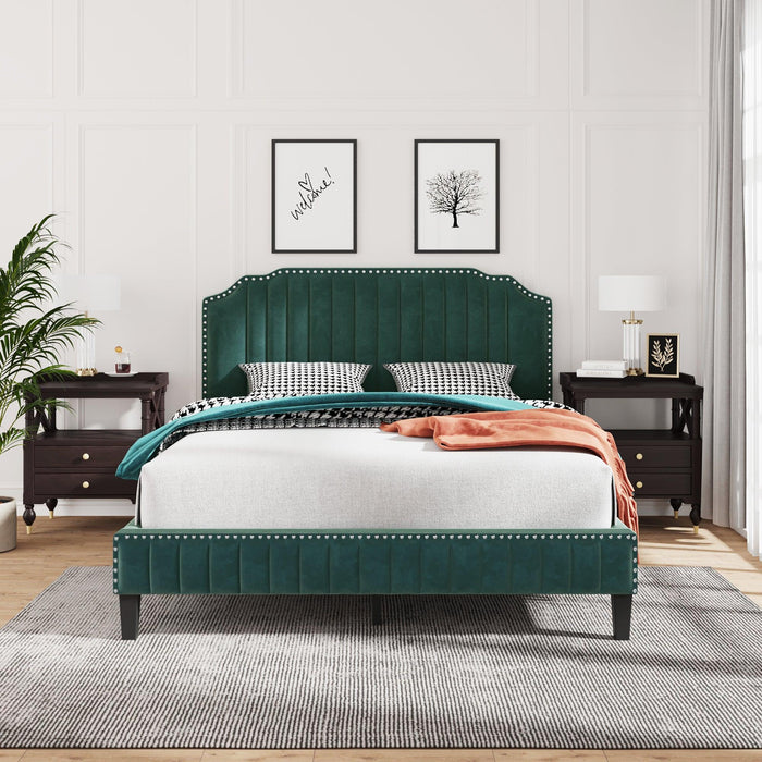 Modern Velvet Curved Upholstered Platform Bed , Solid Wood Frame , Nailhead Trim, Green(Queen)