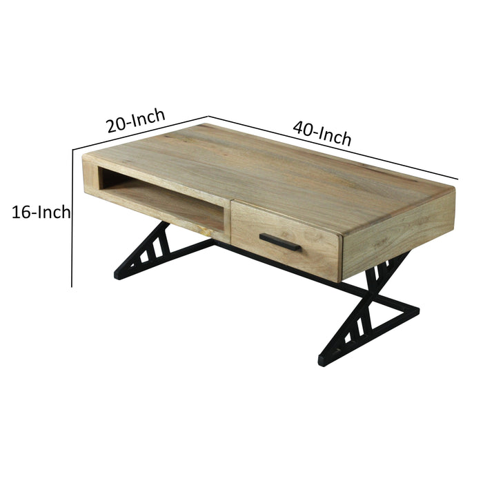 40 Inch Handcrafted Industrial ManWood Coffee Table, 1 Drawer, Metal Frame, Light Brown and Black