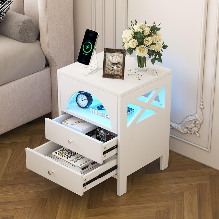 Nightstand with USB Charging Ports and LED Lights,End Table with 2 Drawers and Shelf,White