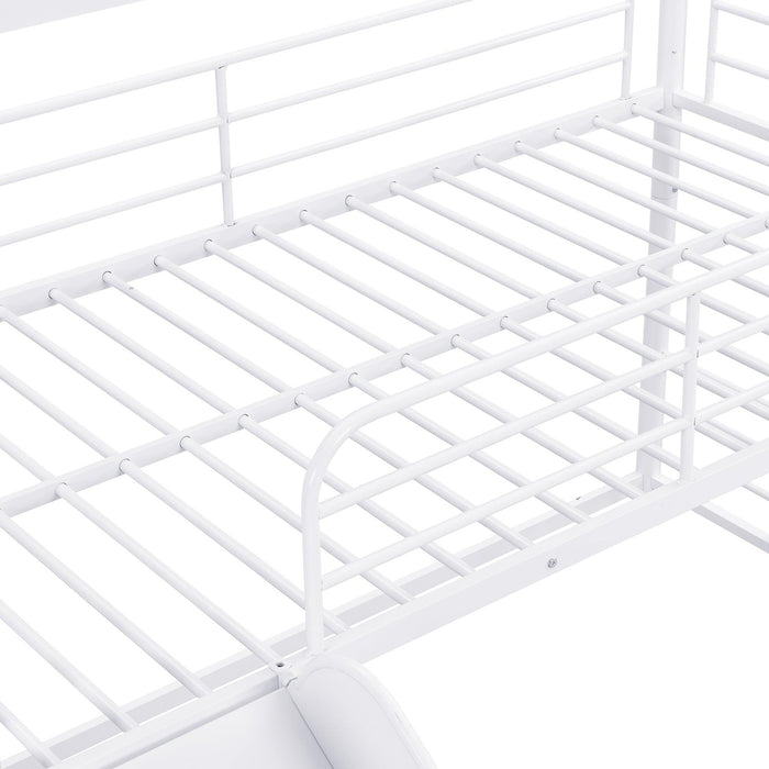 Twin Size Metal Bunk Bed with Ladders and Slide, Divided into Platform and Loft Bed, White