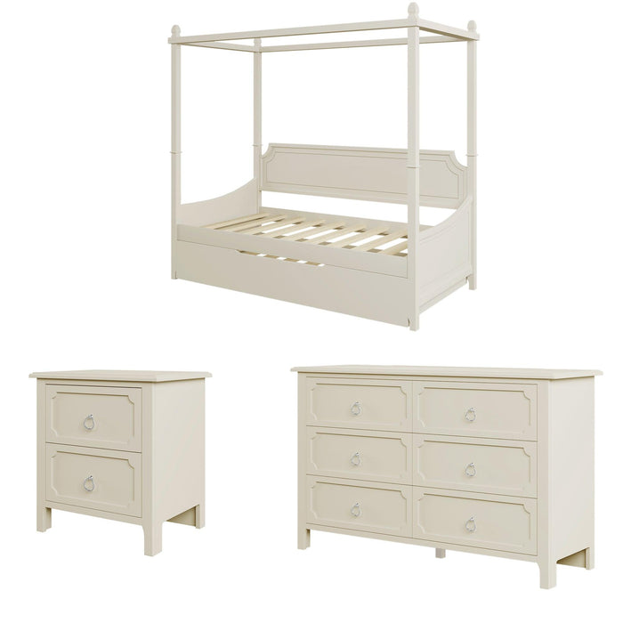 3 Pieces Bedroom Sets Milky White Solid Rubber Wood Twin Size Canopy Daybed with Trundle with Nightstand and Dresser