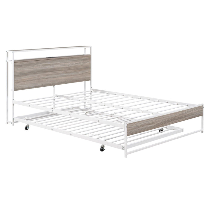 Full Size Metal Platform Bed Frame with Trundle, USB Ports and Slat Support ,No Box Spring Needed White