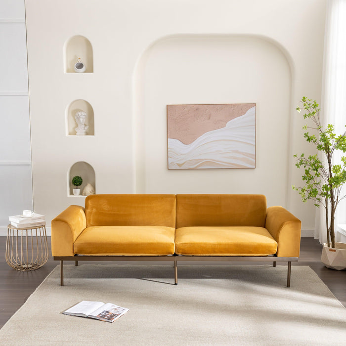 Modern Velvet Sofa with Metal Legs,Loveseat Sofa Couch with Two Pillows for Living Room and Bedroom, Mustard