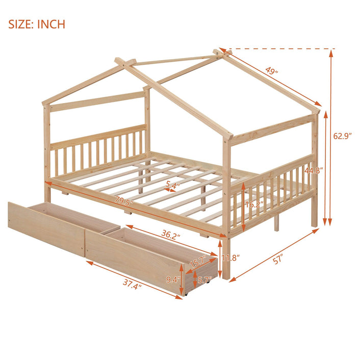 Full Size Wooden House Bed with Drawers, Natural