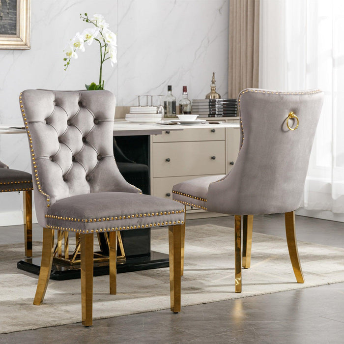 Nikki CollectionModern, High-end Tufted Solid Wood Contemporary Velvet Upholstered Dining Chair with Golden Stainless Steel Plating Legs,Nailhead Trim,Set of 2,Gray and Gold, SW1601GY