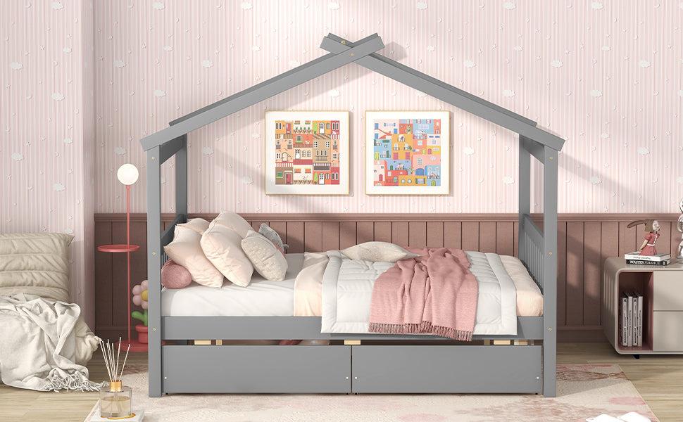 Full Size Wooden House Bed with Drawers, Gray