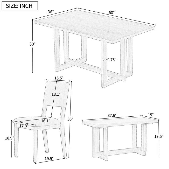 Wooden 6-Piece Dining Table Set H-shaped Support Design Dining Table, Four Chairs with Soft Cushions and One Wooden Bench (Gray)