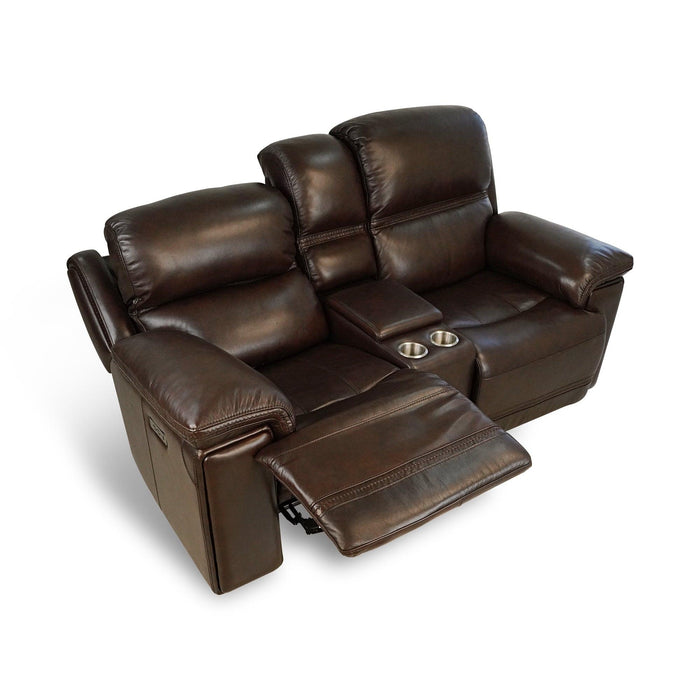 Timo Top Grain Leather Power Reclining Loveseat With Console | Adjustable Headrest |Storage | Steel Cup Holders | Cross Stitching